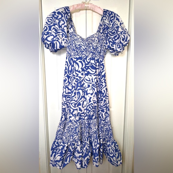 Tanya Taylor Cynthia Cotton Poplin Midi tiered tiered Dress Size 14 Blue EUC - Picture 4 of 16